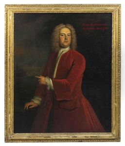 Portrait Of Philip Bartholomew In A Red Coat And White Stock, Standing In A Landscape, Pointing To A Church Beyond