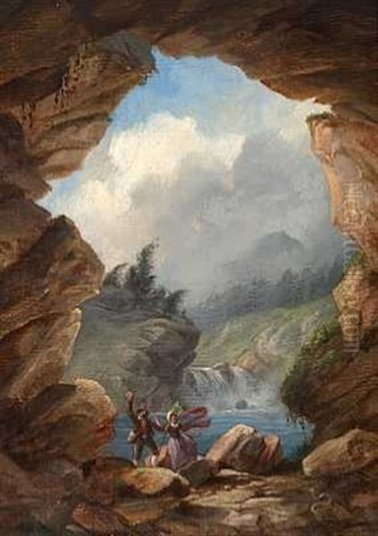 Scene Fra En Tyrolsk Bjerggrotte. Et Ungt Par Forskraekkes Af Et Krybdyr - view 1