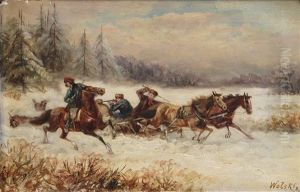 Horse-drawn Sleigh With Men Fighting (+ Another, Similar; Pair)