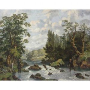 Anglers Fishing In The Rapids by Dean Wolstenholme the Younger