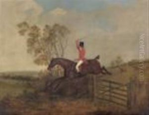 Huntsman On Horseback Jumping A Gate, Other Riders In The Distance by Dean Wolstenholme the Younger