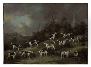 Hounds Of Colonel Hylton Joliffe Of Merstham House, Surrey With Merstham Church And Mill Beyond by Dean Wolstenholme the Younger