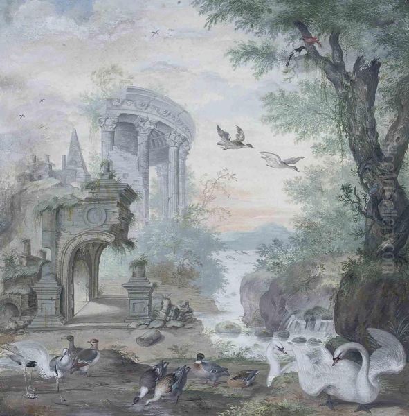 A Capriccio River Landscape With Part Of A Classical Rotunda And Apyramid, With Swans, A Mallard, A Heron And A Kingfisher - view 1