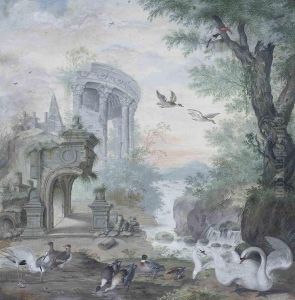 A Capriccio River Landscape With Part Of A Classical Rotunda And Apyramid, With Swans, A Mallard, A Heron And A Kingfisher