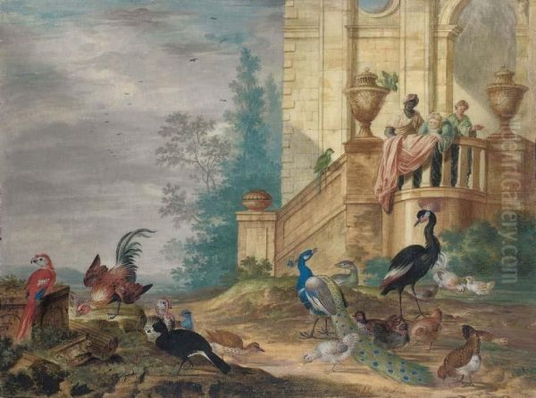 Birds In The Grounds Of An Elegant House, Including Ared Macaw, A Green Parrot, A Peacock And Peahen, A Turkey Andhens - view 1