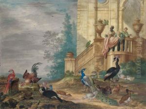 Birds In The Grounds Of An Elegant House, Including Ared Macaw, A Green Parrot, A Peacock And Peahen, A Turkey Andhens by Johannes Bronkhorst