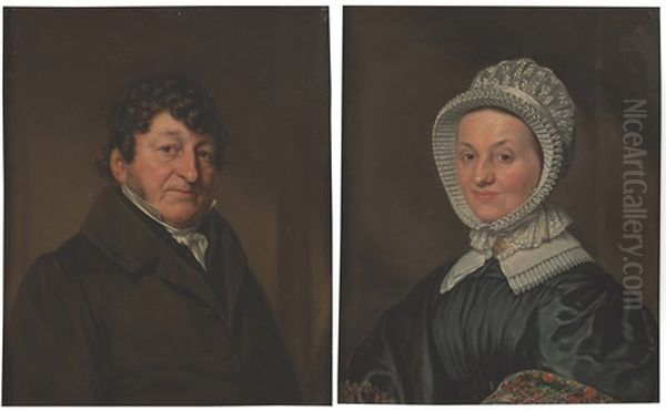 A Portrait Of A Gentleman, Bust Length, Wearing A Black Coat With A White Chemise; A Portrait Of His Wife, Bust Length, Wearing A Black Satin Dress With White Lace Collar And Bonnet, And A Kashmir Shawl - view 1