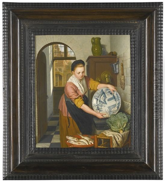 A Girl Washing A Porcelain Dish In A Kitchen - view 1