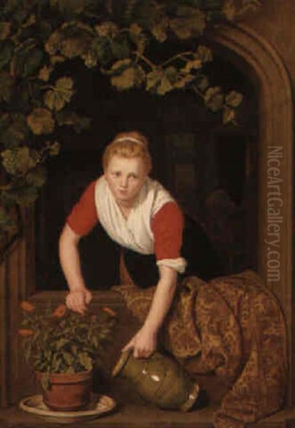 A Young Woman Watering Flowers - view 1
