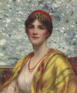 A Classical Maiden, Half-length, In A White Dress With A Golden Shawl