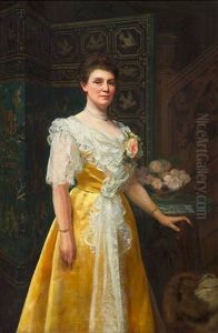 A Portrait Of A Woman In A Yellow Dress, Beside A Bouquet Of Roses And An Asian Screen by William Clarke Wontner