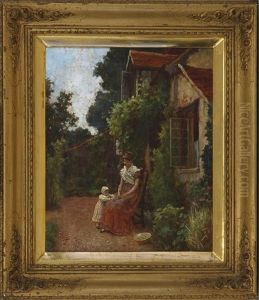 Young Woman With A Child In A Flower Garden Young Woman With A Child In A Flower Garden