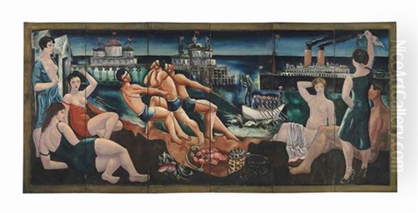 Beach Scene With Bathers, Pier And Ships (in 6 Parts) - view 1