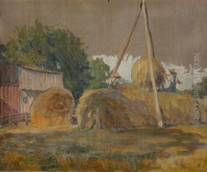 Haystacks And Red Barn by Grant Wood
