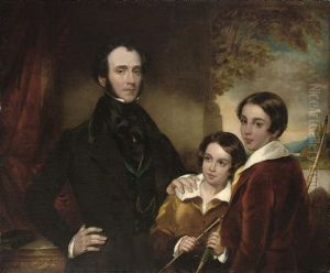 Portrait Of A Gentleman In A Black Coat With His Two Sons, Holding Bows And Arrows, Beside A Partly-draped Column