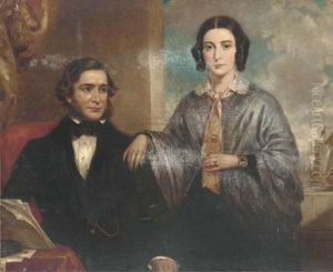 Portrait Of A Lady And A Gentleman, Three-quarter-length, The Lady In A Blue Dress, The Gentleman In A Black Coat Seated At A Desk Holding Letters