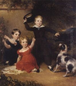 Portrait Of Three Children In A Landscape With A Dog, One Boy Standing With His Right Hand Raised And Holding A Hat, The Girl Seated Wearing A Red Dress And Holding A Toy Whip, The Second Boy Kneeling by John Wood