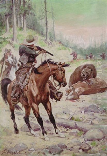 Hunters On Horseback Prepare To Fire On Grizzly, Slaughtered Cow - view 1