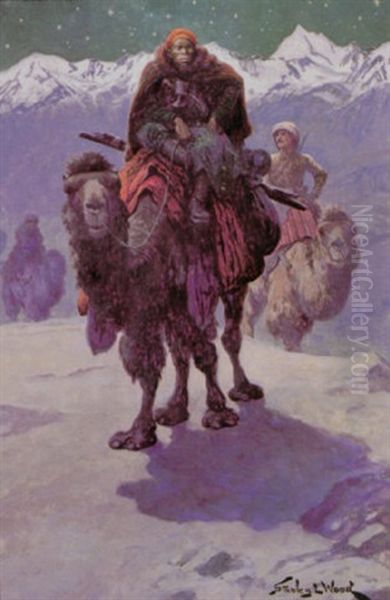 Men Riding Camels Through Snowy Terrain - view 1