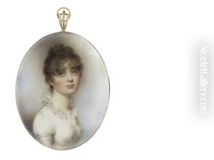 A Lady, Wearing White Dress With Frilled Collar, Her Brown Hair Softly Curled And Upswept by William Wood