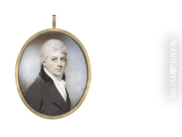 A Gentleman, Wearing Brown Coat With Black Collar, White Waistcoat, Chemise, Stock And Cravat, His Hair Powdered - view 1