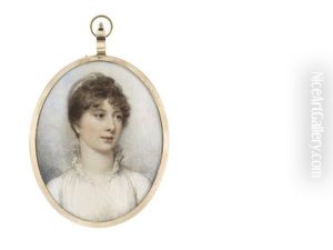 A Lady, Wearing White Dress With Frilled Standing Collar, Her Brown Hair Upswept And Secured With A White Bandeau
