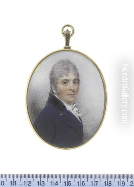 A Gentleman, Wearing Dark Blue Coat With Black Collar, White Waistcoat, Frilled Chemise, Stock And Cravat, His Hair Lightly Powdered - view 1