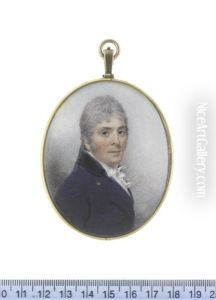 A Gentleman, Wearing Dark Blue Coat With Black Collar, White Waistcoat, Frilled Chemise, Stock And Cravat, His Hair Lightly Powdered by William Wood