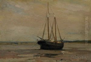 Sailing Vessel Beached At Low Tide by Charles Herbert Woodbury