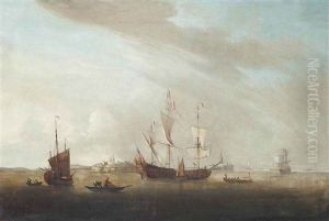 A Royal Navy Two-decker Getting Underway From Her Anchorage Off A Fortified Headland, Thought To Be The Channel Islands by Robert Woodcock
