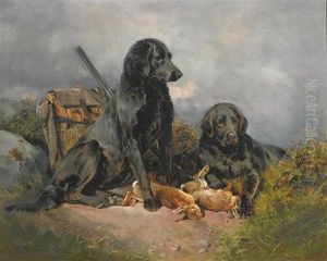 Two Black Retrievers With A Brace Of Rabbits by William Woodhouse
