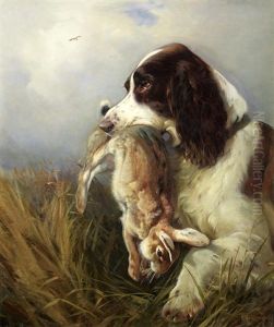 A Spaniel Retrieving A Hare by William Woodhouse