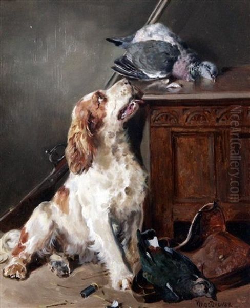 After The Shoot, Interior With Setter Beside Game Birds And An Oak Coffer - view 1