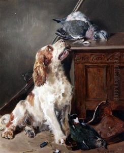 After The Shoot, Interior With Setter Beside Game Birds And An Oak Coffer by William Woodhouse