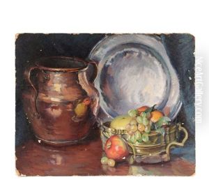 Still Life With Fruit, Copper Jug And Pewter Plate by Mabel May Woodward