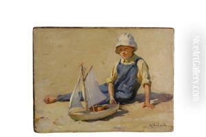 Boy With Toy Boat On Beach