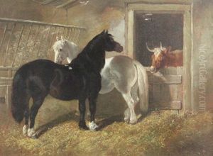 Stable Interior With Horses And Cow by Henry Charles Woollett