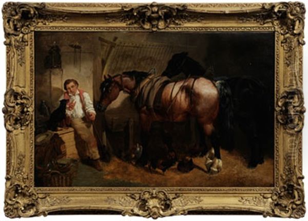 Stable Boy In A Barn With Dog, Horses And Chickens - view 1