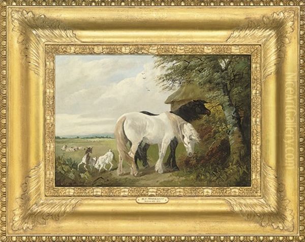 Horses And Chickens In A Farmyard (+ Horses And Goats In A Field; Pair) - view 1