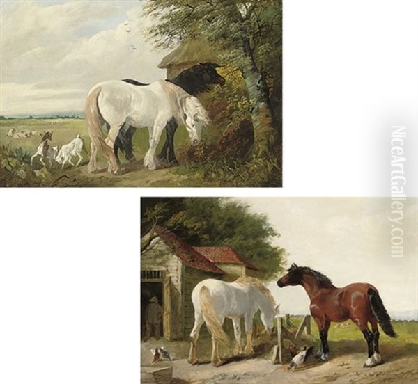 Horses And Chickens In A Farmyard (+ Horses And Goats In A Field; Pair) - view 1