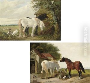 Horses And Chickens In A Farmyard (+ Horses And Goats In A Field; Pair) by Henry Charles Woollett