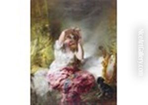 A Young Lady Adorning Her Hair Watched By Her Pet Dog