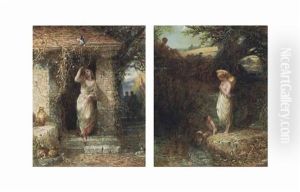 The Terrace, Haddon Hall; And At The Well (pair) by Alfred Woolmer