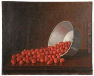 Still Life Of Strawberries On Table, Casdcading From A Metal Pot by Austin C. Wooster