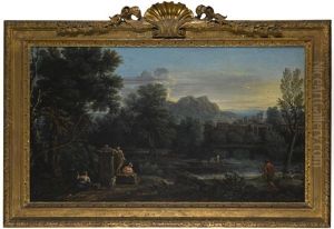 A Wooded Classical Landscape With Figures Resting In The Foreground And Bathing In The River, A Town Beyond by John Wootton