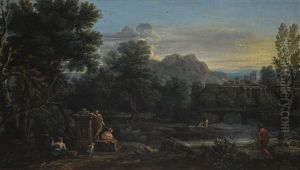 A Wooded Classical Landscape With Figures Resting In The Foreground And Bathing In The River, A Town Beyond by John Wootton