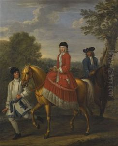 Equestrian Portrait Of Lady Henrietta Harley, Countess Of Oxford And Countess Mortimer (1694-1755) Led By A Groom With A Hunt Attendant, In A Landscape by John Wootton