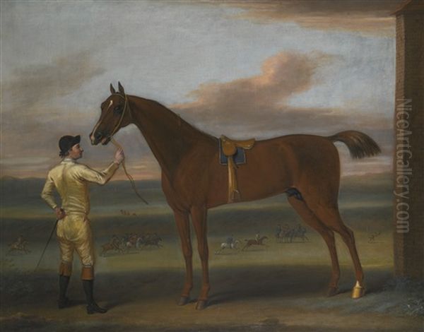 A Dark Chestnut Racehorse Held By A Jockey, By The Rubbing Down House, Newmarket Heath - view 1