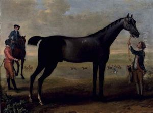 Childers Tenu Par Son Lad Dans Un Paysage, Un Cheval, Son Cavalier Et Un Jockey A Leurs Cotes