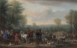 The Meet: A Hunting Party, With Figures, Horses And Hounds, In An Extensive Wooded Landscape by John Wootton